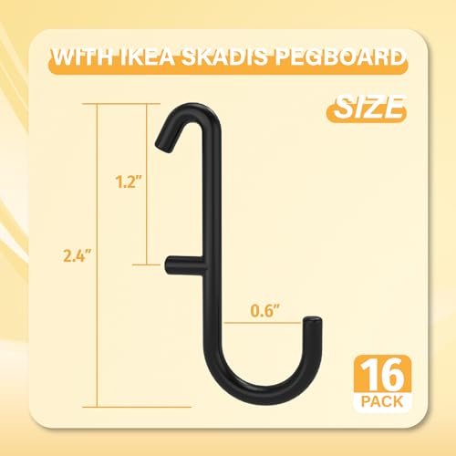 Black Pegboard S Hooks for IKEA SKADIS, 16 Pack | Compatible with IKEA SKADIS Pegboard, Rust Resistant Steel Hooks, 18 lb Load Capacity for Kitchen, Office, Craft - style: Black S Hook