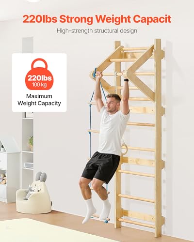 VEVOR Swedish Ladder Wall Gym, 4-in-1 8-Level Indoor Jungle Gym, 220LBS Loading Solid Wood Gymnastic Stall Bars, Indoor Playground Climbing Playset with Rings, Pull-Up Bar, Rope Ladder - style: 8-Level 4 in 1