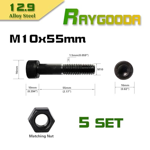 M10-1.5x55 Socket Head Cap Screw and Nut Kit 5set, Grade 12.9 Alloy Steel, Black Oxide Finish, Partially Thread, High Tensile Strength for Automotive, Machinery & Heavy Duty Use - size: M10x55mm(5 Sets）