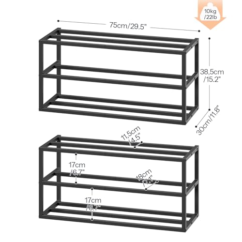HOOBRO Wall Mounted Shoe Rack, 2-Pack Hanging Metal Shoe Storage Organizer, 3-Tier Vertical Shoe Holder, Metal Shoe Shelf for 18-24 Pairs, Entryway, Hallway, Closet, Black BK33XJP201