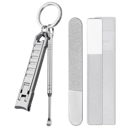 Portable UItra Thin Nail Clippers for Natural Fingernail and Toenails, Stainless Steel Sharp Wide Jaw Folding Travel Finger Nail Cutters with Keychain, Nail File and Earpick Set for Men, Adults - color: Set B