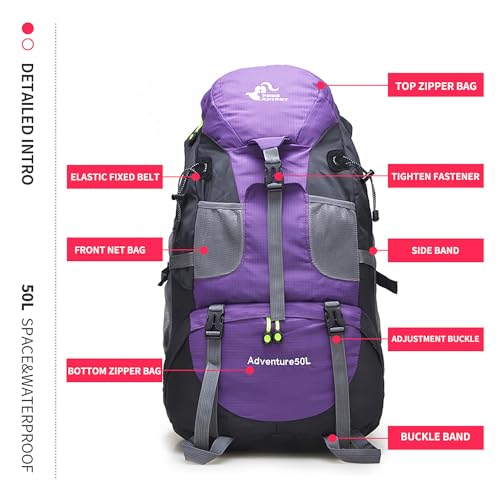 Bseash 50L Hiking Backpack, Water Resistant Lightweight Outdoor Sport Daypack Travel Bag for Camping Climbing Skiing Cycling (Purple - No Shoe Compartment) - color: Purple - No Shoe Compartment