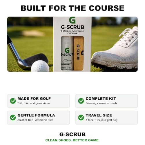 G-SCRUB Shoe Cleaner Kit – Premium Golf Foaming Solution & Brush – Removes Dirt & Grass Stains – Safe on Leather, Mesh & Synthetic – Made in USA