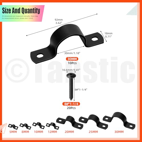 Tanstic 10Pcs Black Two Hole Pipe Strap, 1-1/4” Two Hole Strap U Bracket Rigid Pipe Strap Pipe Strap Clamp with Phillips Modified Truss Head Wood Screws for Fixing Pipe, Conduit, U Bracket - size: 1-1/4"