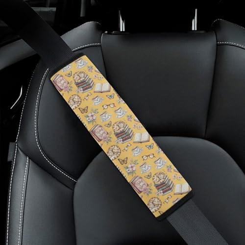 2PCS Book Cat Pink Flower Spring Art Seat Belt Cover Soft Padded Neck Strap Covers for Kids, All Vehicles, Comfortable Driving - color: Pattern 164