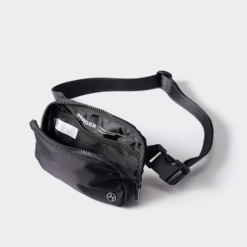 Pander Two Way Zipper Fanny Pack Nylon Everywhere Belt Bag for Women, Water Repellent Waist Packs, Crossbody Bags with Adjustable Strap (Black). | 1L nylon belt bag with a two-way zipper, three interior mesh pockets, and an adjustable strap for waist or c