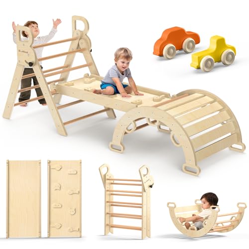 BlueWood Pikler Triangle Set with Safe Handle, Climbing Toys for 1-3 Year | Foldable 7-in-1 Montessori Toddler Climbing Toys Indoor, Wooden Pickler Climbing Set, Baby Jungle Gym & Playground, Natural - color: Natural Wood