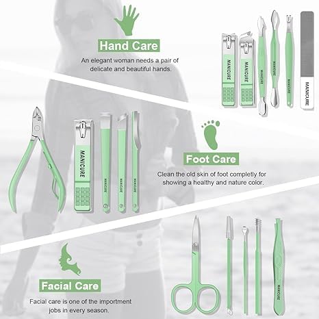 16 pcs Stainless Steel Nail Care Tools Grooming Kit with Luxurious Travel Leather Case for Thick Nails Men Women Gift,Manicure Set Professional NailClippers Pedicure Kit,Sharp Nail Scissor(Green)