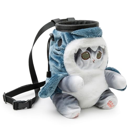 Cat Rock Climbing Chalk Bag, Fun Plush Animal Chalk Pouch with Drawstring, Adjustable Waist Belt for Indoor Outdoor Bouldering Sport Climbing - style: Large Grey Shark Cat