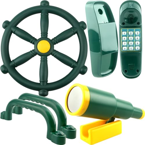 5 Pcs Kids Playground Accessories Outdoor Plastic Steering Wheel Safety Handle Phone Pirate Telescope Telephone for Child Backyard Tree House Playhouse Jungle Gym (Green Set 1) - color: Green Set 1