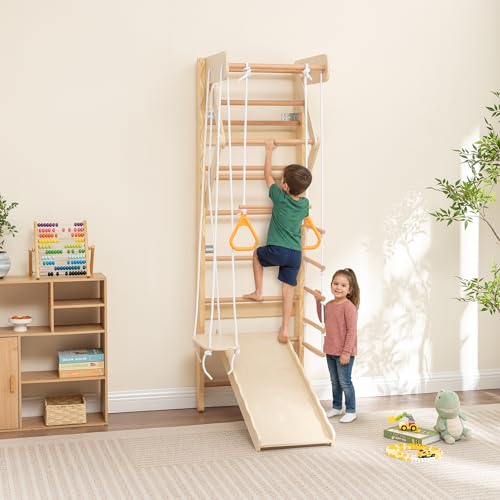 Wooden Indoor Jungle Gym 6-in-1 Playground Climbing Toys for Kids Ages 2-6, Climbing Playset Wall Ladder, Pull-Up Bar, Rope Ladder, and Gymnastic Rings, Supports 242 lbs (6-in-1) - size: 6-in-1