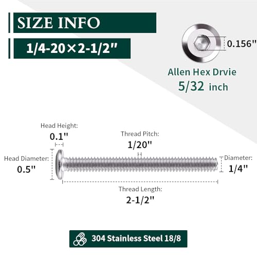 1/4-20 x 2-1/2" Hex Socket Head Cap Screws, 304 Stainless Steel 18-8, Chamfered Countersunk Machine Screws for Furniture, Binding, Machinery, Automotive, DIY Projects, 25 PCS - size: 1/4-20 x 2-1/2"