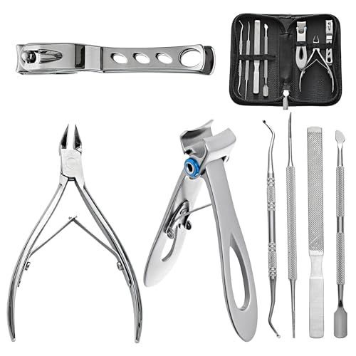 Ingrown Toenail Clippers for Seniors Thick Toenails, 7 Pcs Heavy Duty Large Pedicure Toe Nail Clipper Set with Wide Opening, Includes Nail Cutter, File, Lifter, Cuticle Pusher, Travel Case - color: 7 Pcs Set (360° Clippers + Cuticle Clipper)