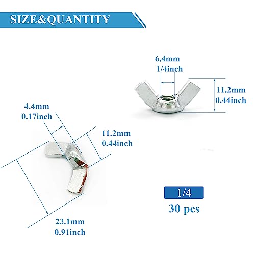 30 PCS 1/4-20 Inch Wingnuts, Quality Carbon Steel Wing Nuts Zinc Plated Fasteners Parts Butterfly Nut, Hand Twist Tighten Hardware Nuts Butterfly Wing-Nut 1/4-20” Assorted Kit - size: 1/4"-20 - Carbon Steel - 30 Pcs