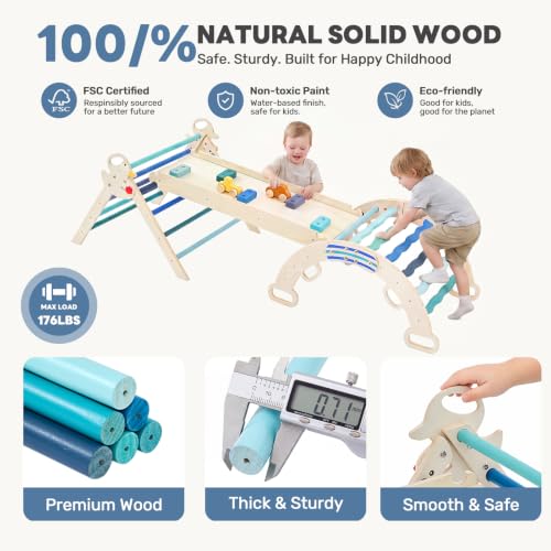 Pikler Triangle Set, 9-in-1 Foldable Montessori Climbing Toys for Toddlers, Wooden Indoor Playground with Climbing Arch, Reversible Ramp, Ladder, Toy Cars and Blocks, Blue - color: Blue