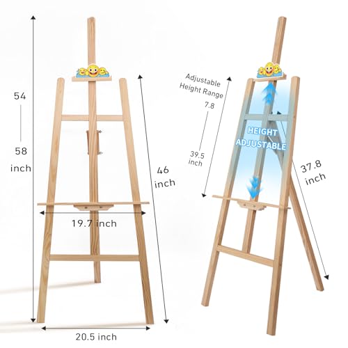 Smiley Wooden Easel for Painting, Wedding Signs & Display, Adjustable | Adjustable foldable wooden easel for painting canvas. Sturdy A-frame pine stand for wedding signs, displays & studio use. - color: Primary Colour