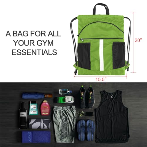 BeeGreen Drawstring Backpack Bag with Shoe Compartment, X-Large Black Gym Sports String Cinch Backpack - color: Lime