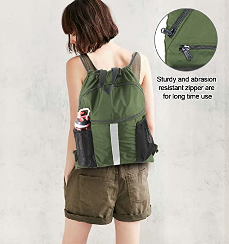 BeeGreen Drawstring Backpack Bag with Shoe Compartment, X-Large Black Gym Sports String Cinch Backpack - color: Moss Green