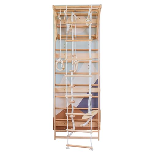 Wood And Hearts Indoor Swedish Ladder Wall Gym for Kids Active Play - Adjustable Pull-Up Bar with Rope Accessories & Decorative Panels (Climbing Module 1, 4in1 Rope Bundle) - size: Climbing Module 1