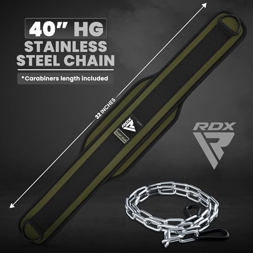 RDX Dip Belt for Weight Lifting, Heavy Duty 36 Inch Adjustable Steel Chain, Dipping Belt Chin Pull Ups Gym Training Bodybuilding Powerlifting Fitness Workout, 6” Padded Neoprene Back Support Men Women - color: Army Green