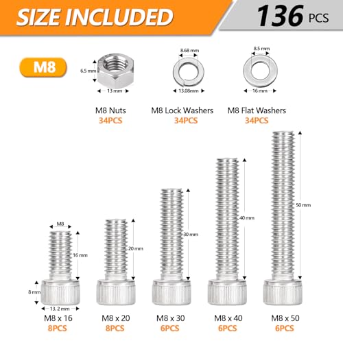 136 PCS M8 Screws Assortment Kit, Hex Socket Head Screws Nuts Bolts and Washers Set, 304 Stainless Steel Metric Machine Screws,16/20/30/40/45/50mm Metric Hex Head Socket Cap Bolt & Nut Assortment - size: M8 - 136PCS