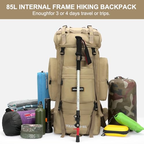 IX INOXTO 85L Lightweight Internal Frame Hiking Backpack for Men Women, Waterproof Travel Camping Backpack with Rain Cover (Khaki) - color: Khaki