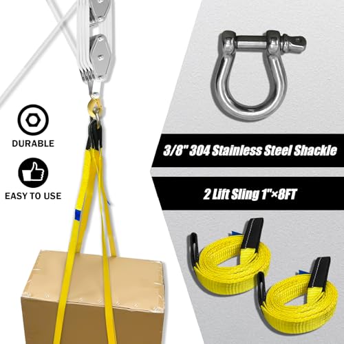 YATOINTO Rope Pulley Hoist 4400 LB, Pulley Block with 3/8" Shackle and 2PCS Lift Sling, 8:1 Lifting Power Block and Tackle Pulley System, 65ft Heavy Duty Rope Hoist for Garage Warehouse Constructions - color: White, size: UPGRADED-4wheels+2lift sling&1sha