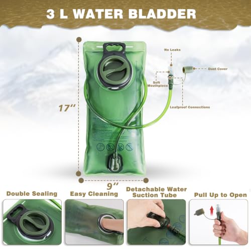 Hydration Backpack, Tactical Molle Water with 3L TPU Water Bladder | Lightweight Military Hydration Daypack for Hiking, Running, Cycling, Climbing, Biking, 105 oz, Breathable Back Panel - color: Khaki
