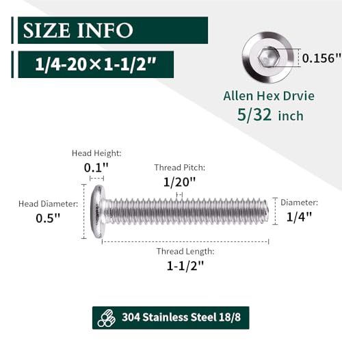 1/4-20 x 1-1/2" Hex Socket Head Cap Screws, 304 Stainless Steel 18-8, Chamfered Countersunk Machine Screws for Furniture, Binding, Machinery, Automotive, DIY Projects, 25 PCS - size: 1/4-20 x 1-1/2"