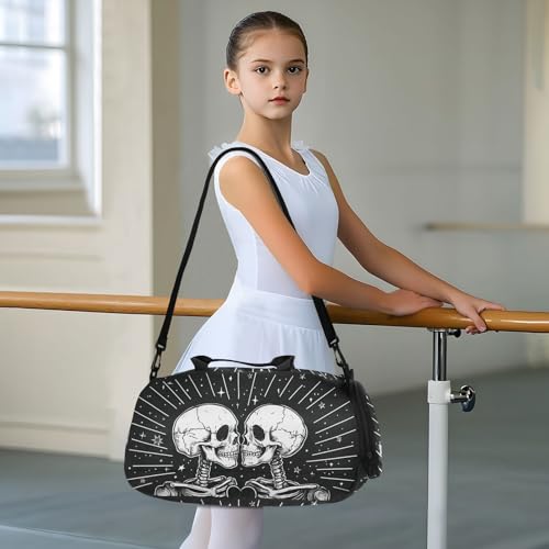 Kids Sports Duffel Bag for Boys & Girls - Two Skeletons Skull Heart 100% Polyester Gym Bag with Separate Shoe Compartment, Adjustable Shoulder Strap, Compact Travel & Workout Gear Bag - color: Two Skeletons Skull Heart