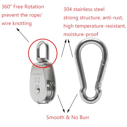 2X 304 Stainless Steel M32 Single Swivel Rope Pulley Blocks with Snap Hooks | 360° anti-twist swivel pulley. For lifting, towing & hanging wire rope on crane/outdoor. Has spring snap hooks for fast fit - size: M32-2pcs