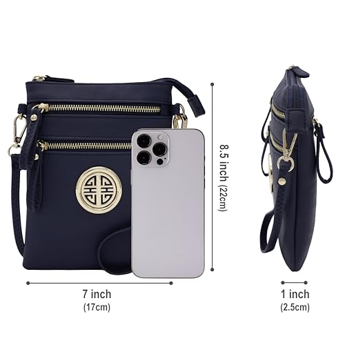 Solene Small Multi Zipper Pockets Crossbody Bag with Detachable Wristlet - color: Navy