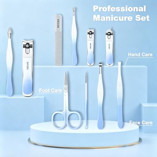 Manicure Set, 10 pcs High-Carbon Steel Nail Clippers Set, Portable Mini Manicure and Pedicure Kit, Travel Grooming Nail Kit with Leather Bag for Men and Women - color: Blue