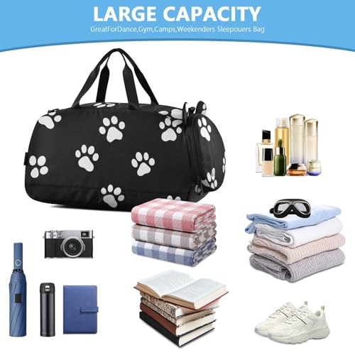 Kids Sports Duffel Bag for Boys & Girls - White Dog Paw Prints 100% Polyester Gym Bag with Separate Shoe Compartment, Adjustable Shoulder Strap, Compact Travel & Workout Gear Bag - color: White Dog Paw Prints