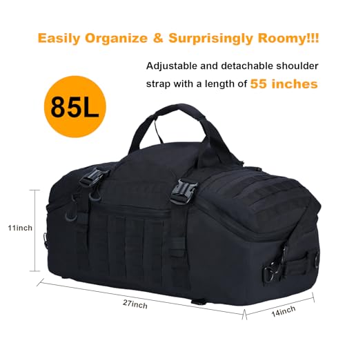 3 in 1 Tactical Travel Duffel Bag Backpack, Heavy Duty Gym Bag 85L, Black | Waterproof 600D nylon, internal collapsible dividers, weekend overnight travel, gym workout,military bag,(27x14x11)In - color: Black, size: 85L,(27x14x11)Inches