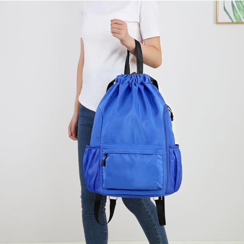 Valleycomfy Waterproof Drawstring Gym Backpack Bag for Men & Women Blue | Sports Gym Bag with Side Pocket - color: A-blue