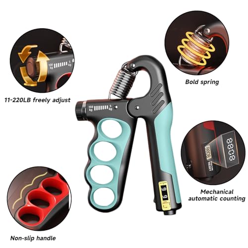 2PCS Adjustable Hand Grip Strengthener (11-220LB) - Automatic Counter Hand Wrist Forearm Exerciser, Grip Strength Trainer for Athletes, Musicians, Injury Recovery & Physical Therapy (Blue)