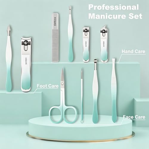 Manicure Set, 10 pcs High-Carbon Steel Nail Clippers Set, Portable Mini Manicure and Pedicure Kit, Travel Grooming Nail Kit with Leather Bag for Men and Women - color: AquaBlue