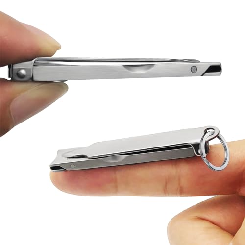 Ultra Thin Portable Fingernail Clipper Small Pocket Folding Nail Clippers, Wide Jaw Cutter with Keychain Curved Trimmer, Flip Open Brushed Finish (Small-Brushed) - size: Small
