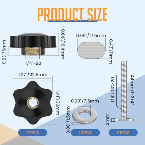 10 Sets 1/4"-20 T-Slot Fastener Kit | 1-3/4 Inch T Track Bolts with Star Knob Nuts | Heavy Duty Accessories | For Woodworking Fixture Installation - size: 1-3/4 Inch