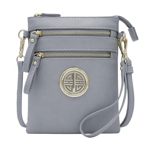 Solene Small Multi Zipper Pockets Crossbody Bag with Detachable Wristlet - color: Blue Grey