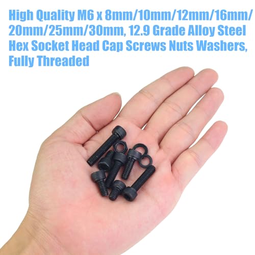 DYWISHKEY 127 Pieces M6 Black Screws, 12.9 Grade Alloy Steel M6x 8/10 /12/16 /20/25 /30mm Hex Socket Head Cap Screws Bolts Nuts Washers Assortment Kit - size: M6, style: Socket Head