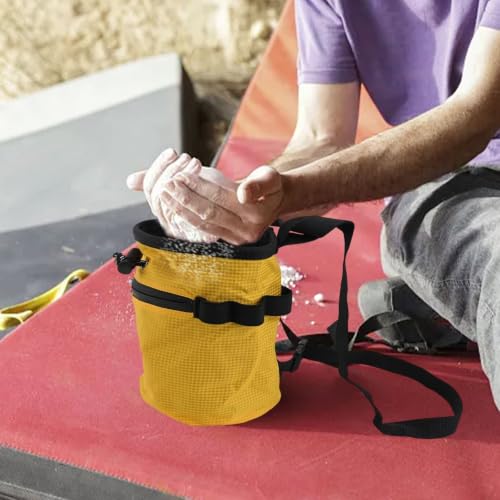 Rock Climbing Chalk Bag Featuring Stiffened Rim and Fleece Lining, No-Spill Magnesium Bag for Weightlifting Gymnastics Bouldering, 420D Fabric with Quick Clip Belt and Phone Pocket(Yellow) - size: Yellow