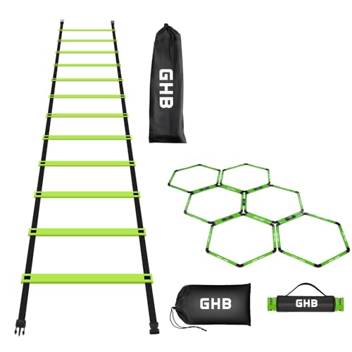 GHB Agility Ladder 1 Pack and Hex Agility Rings 1 Pack 12 Rung 20ft with 3 Carrying Bag