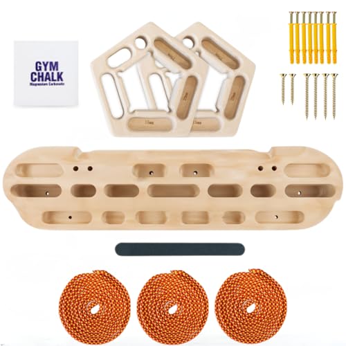 Climbing Hangboard and Finger Hanging Holds - Fingerboard for Strength Training - Rock Climbing Grip Strengthening Holds - Hang Board and Hand Holds with Suspension Chord Ropes and Chalk