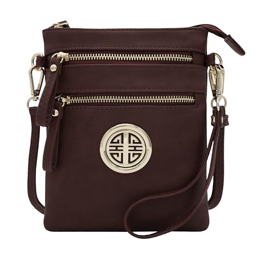 Solene Small Multi Zipper Pockets Crossbody Bag with Detachable Wristlet - color: Burgundy