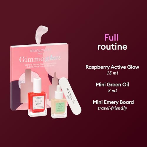 Manucurist Active Glow Raspberry Gift Set with Green Oil | Care Nail Polish and Cuticle Oil Gift Box with Mini Nail File - Vegan Nail Care Gift for Women - color: Active Glow Raspberry Gift Set and Green Oil