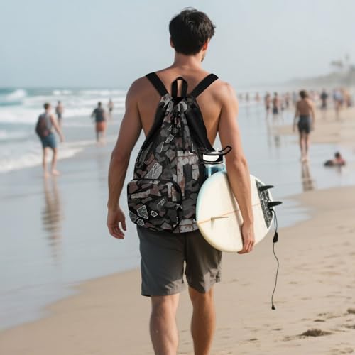 Drawstring Climbing Gym Bag With Water Bottle Holder Drawstring Backpack with Wet Dry Compartments Camouflage Metal Brown Fragment Dark