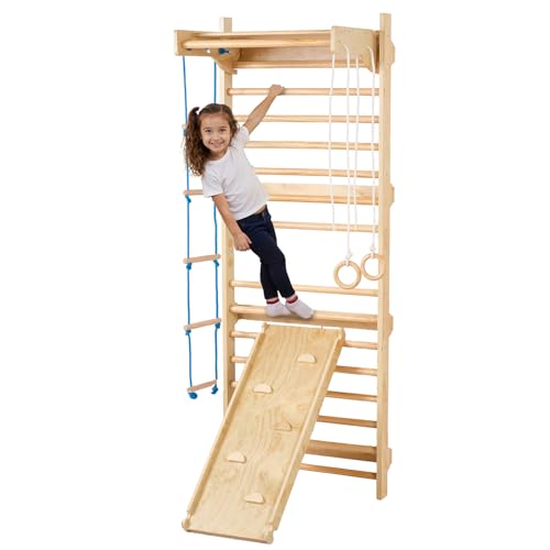 VEVOR Swedish Wall Gym, 15-Level 5 in 1 Wooden Indoor Jungle Gym, 220 lbs Load Capacity Playground Climbing Toys with Pull-Up Bar, Gymnastic Rings, Wall Ladder, Rope Ladder, and Slide Board - style: 15-Level 5 in 1