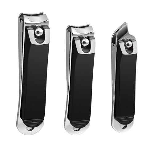 Nail Clippers Set of 3, Sharp Stainless Steel Fingernail Clipper and Toenail Clippers and Slanted Edge Nail Cutter, Black